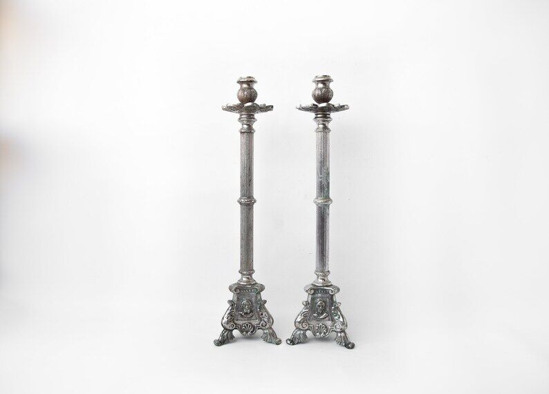 Pair of candle holders, vintage candle holder, silver brass candle holder, church, candle holder, tripod, chandelier