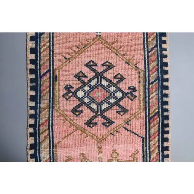 Vintage Turkish Oushak handmade wool cotton pink runner rug 81x368
