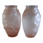 Pair of art deco vases in salmon glass signed NS