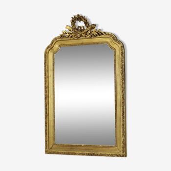 Grand Miroir Doré Antique avec Couronne Classique Baroque France 118cm