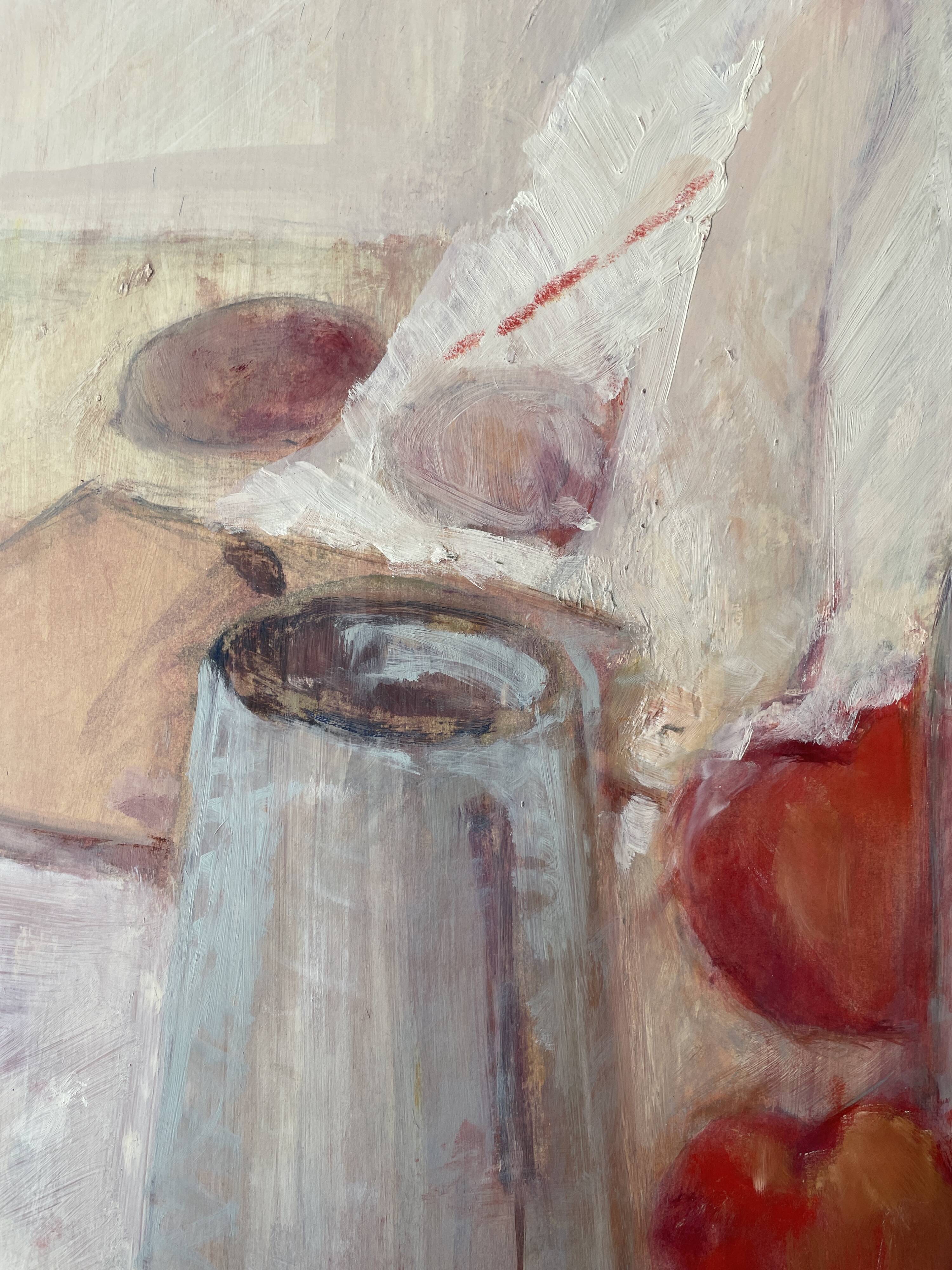 Still life "Red apples and blue pitcher" oil on cardboard