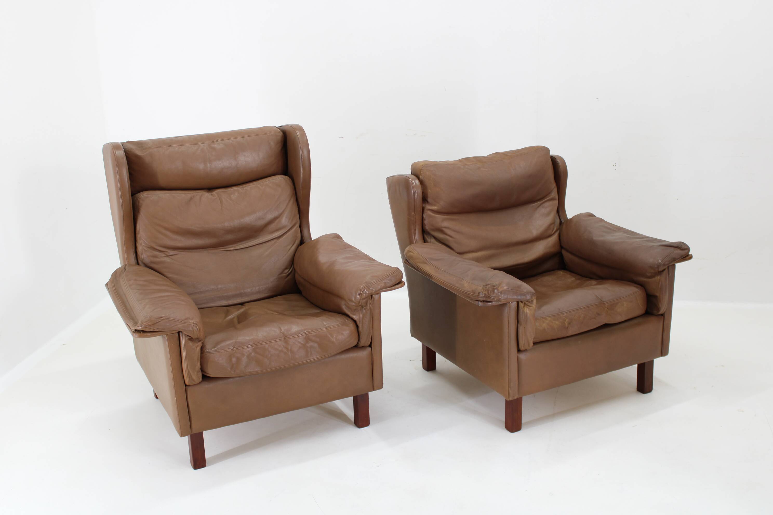 1970s Pair of Brown Leather Armchairs, Denmark
