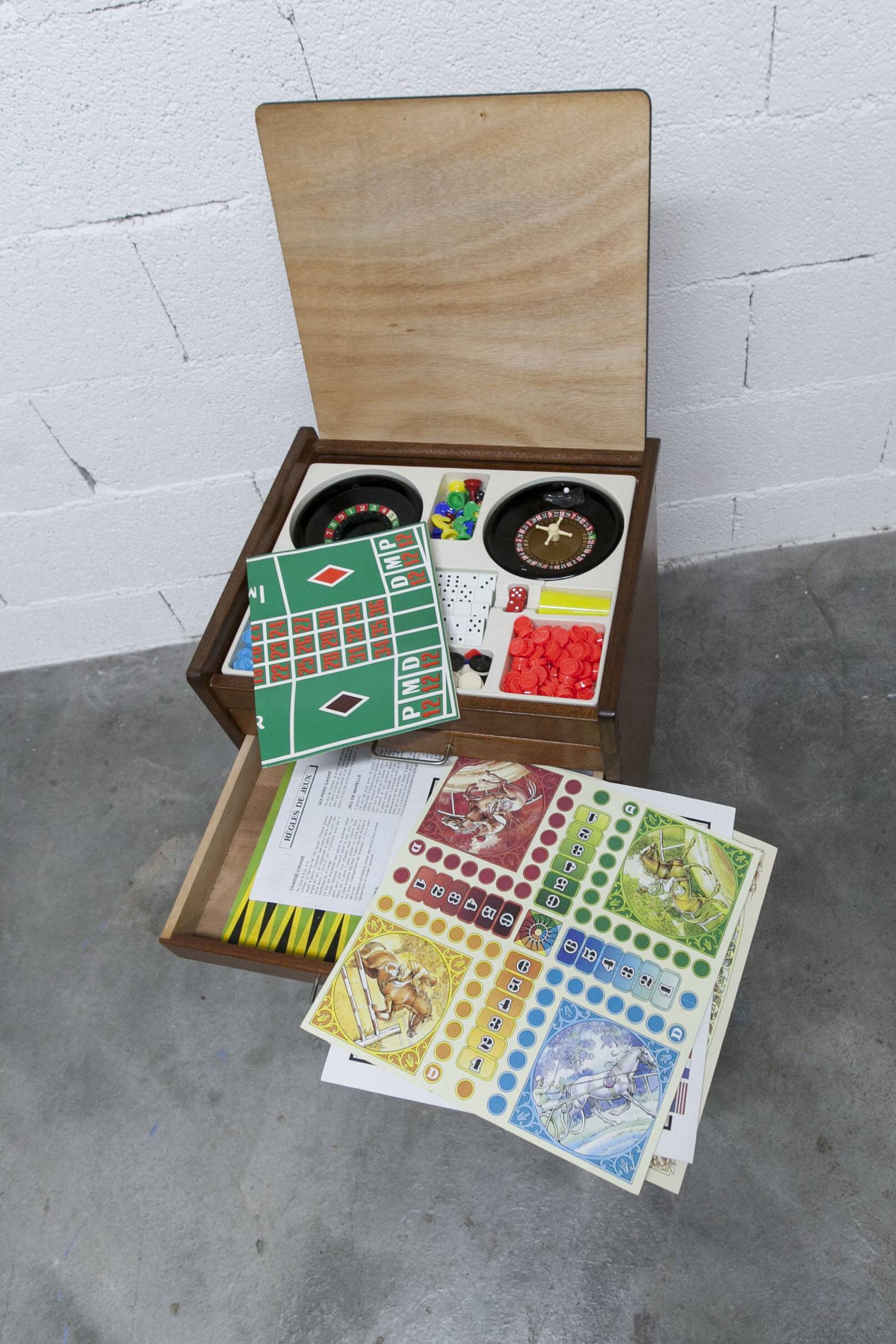 Unique 1960s bedside table with 15 complete games, compass legs, 1960s