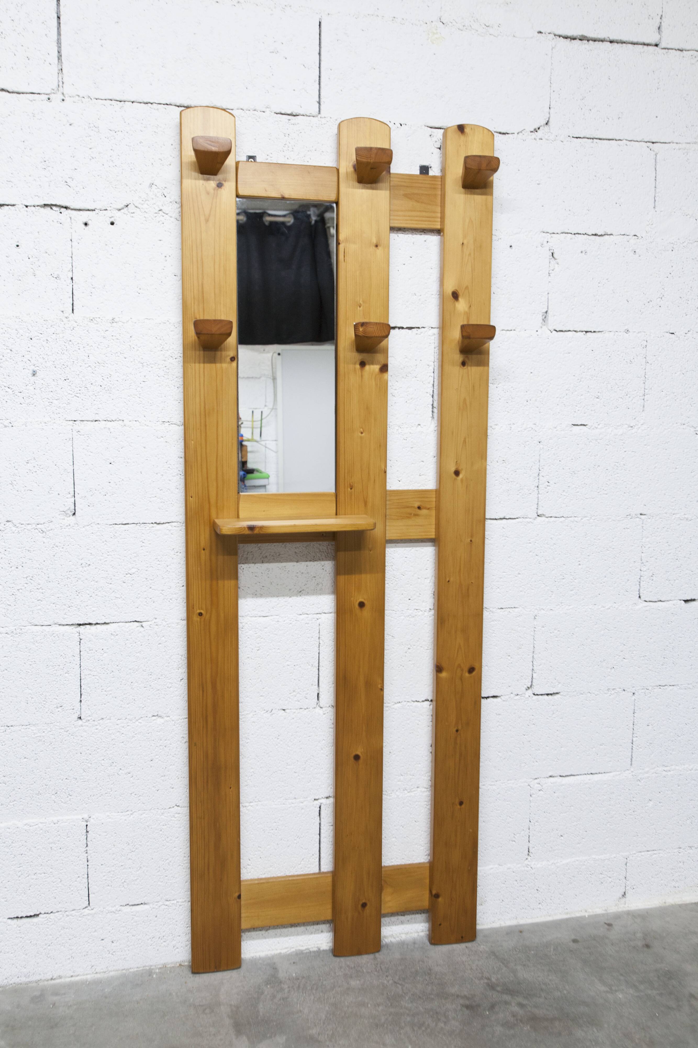 Wall-mounted coat rack, mountain style, pine, honey colour, 1970.