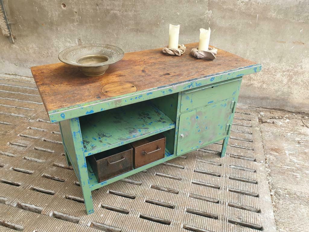 Industrial workbench steel green kitchen or bathroom furniture