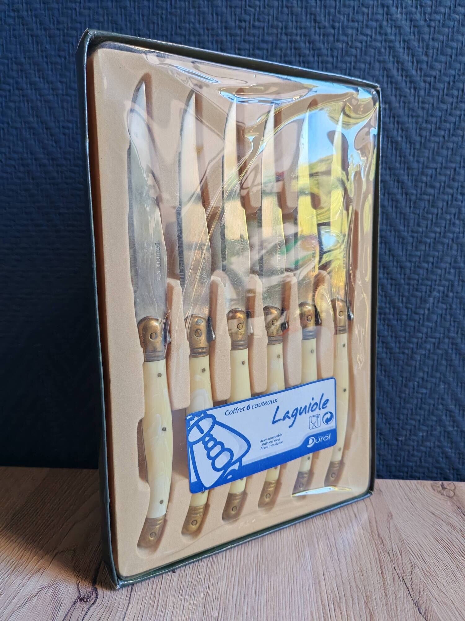 Vintage Box 6 Laguiole Table Knives Ivory Handles Gold Bolsters