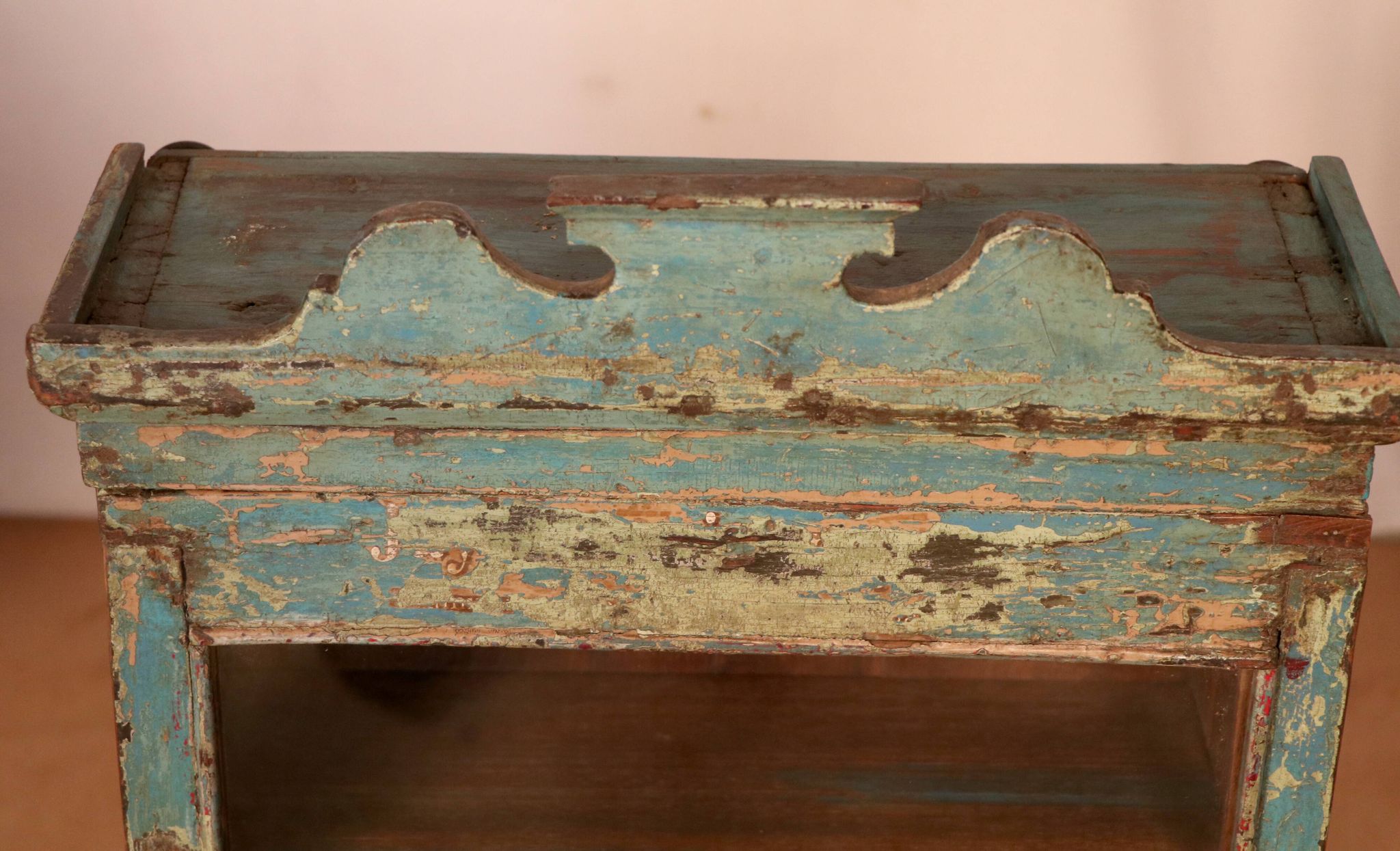 old Art Deco wall display case in original blue teak Burmese patina