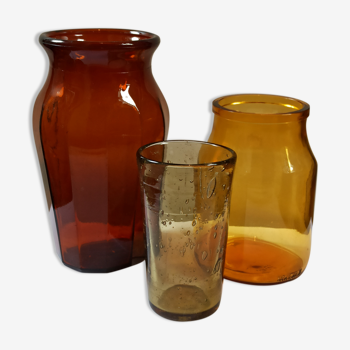 Trio ambré vintage vase bocal et verre bullé