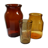 Trio amber vintage vase jar and bubbled glass