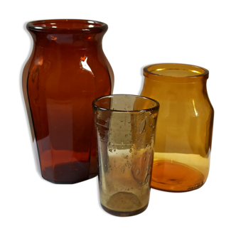 Trio ambré vintage vase bocal et verre bullé