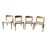 Set of 4 chairs by N.O. Møller solid oak and rope, Denmark, 1960's