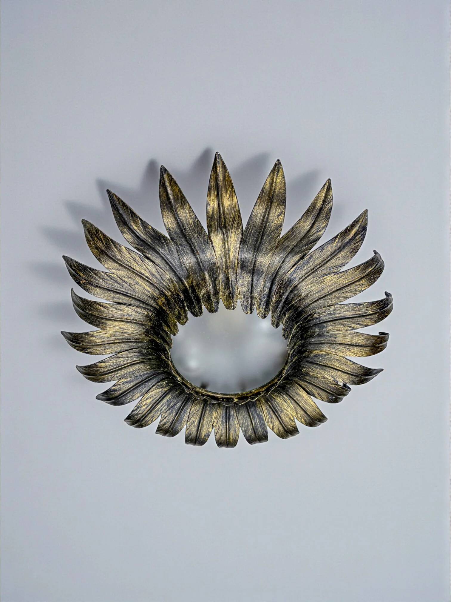 Spanish sunburst foliage ceiling light fixture in gilt iron, 1960s