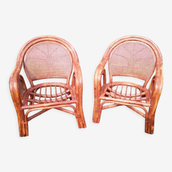 Pair of rattan and leather armchairs