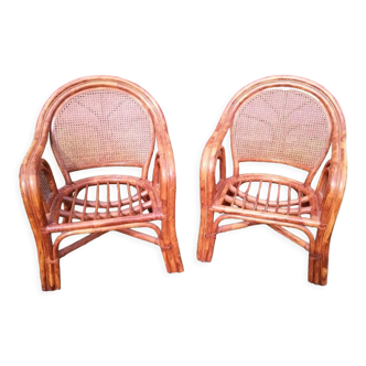 Pair of rattan and leather armchairs