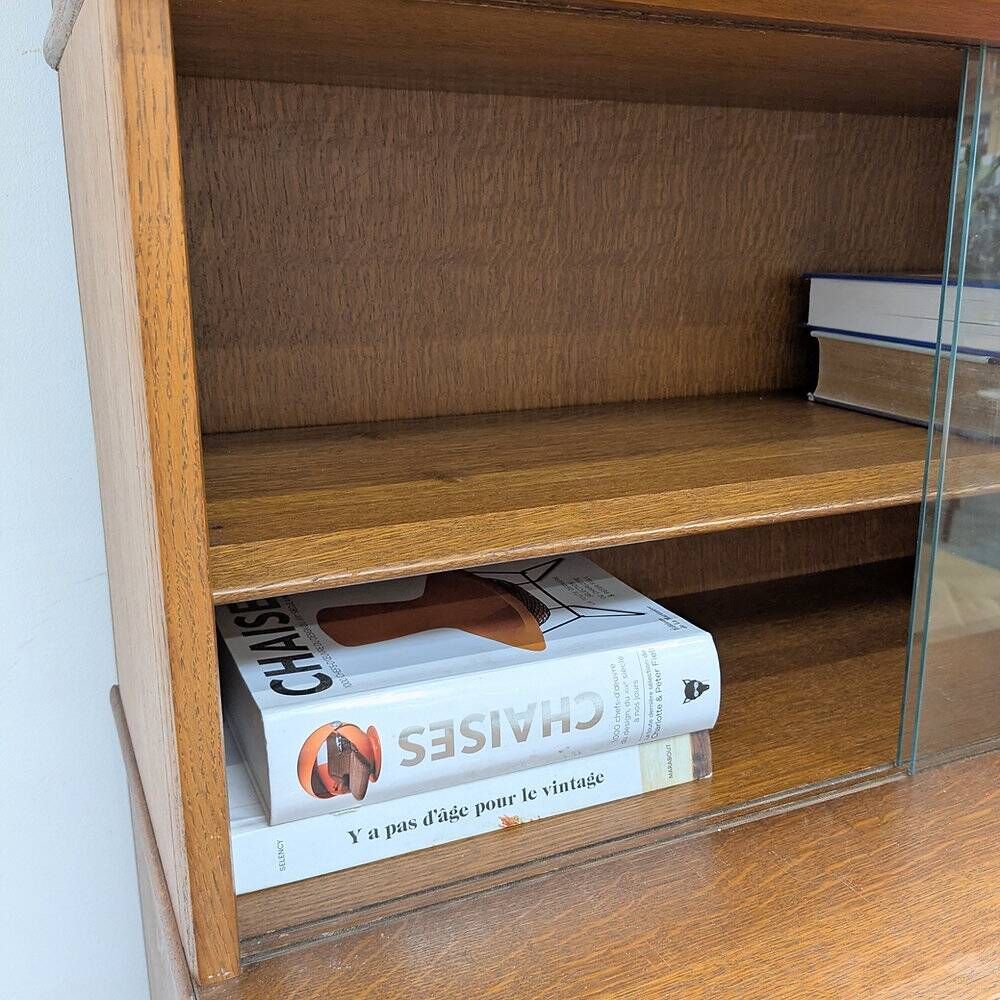 Vintage library by Didier Rozaffy for Oscar, oak and glass, 1950s.