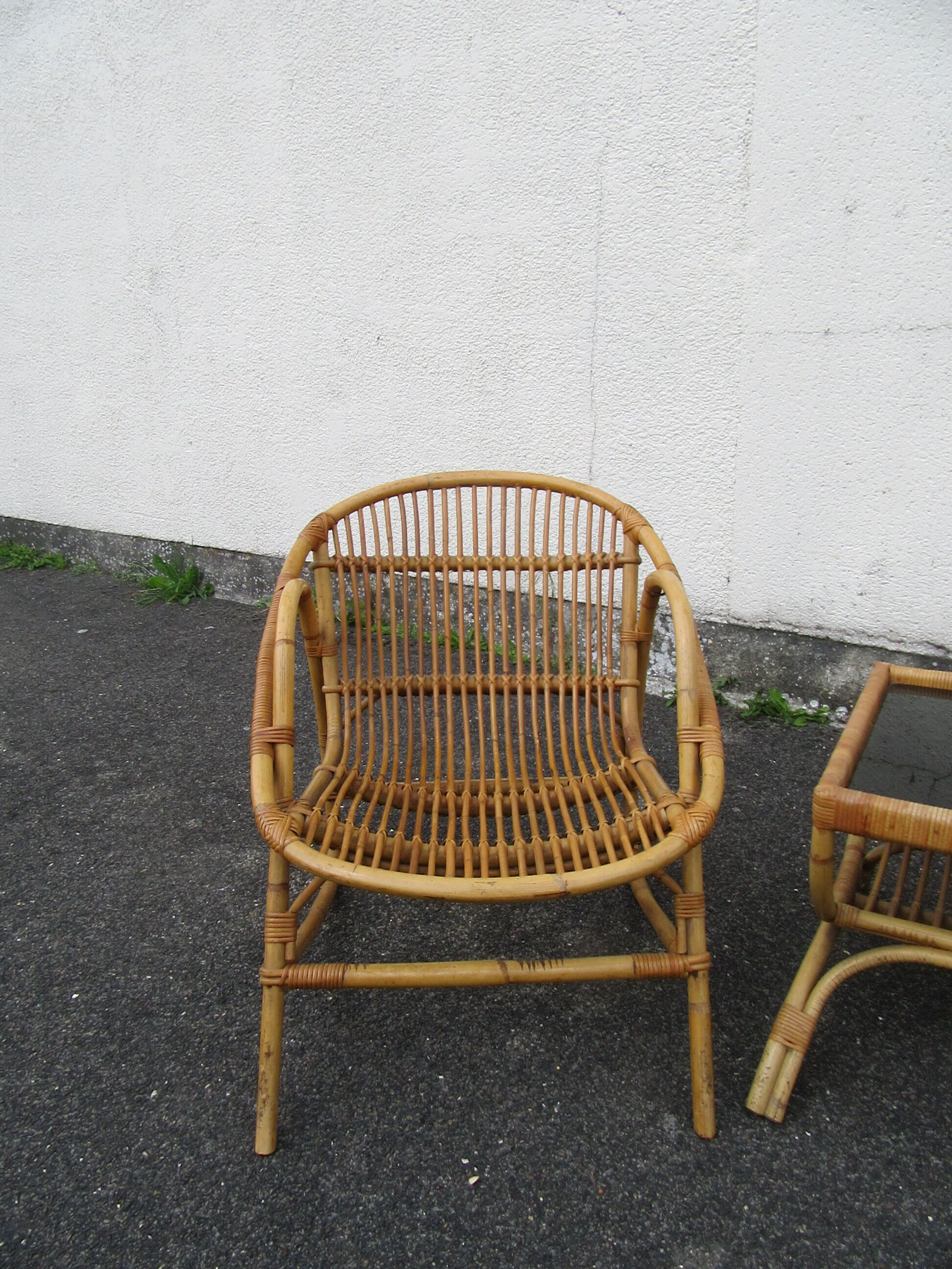 Salon Rotin Vintage 1950s - Table + 4 Fauteuils - Design Janine Abraham