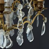 Chic lustre à pampilles bronze doré 6 feux enfilage verre ancien