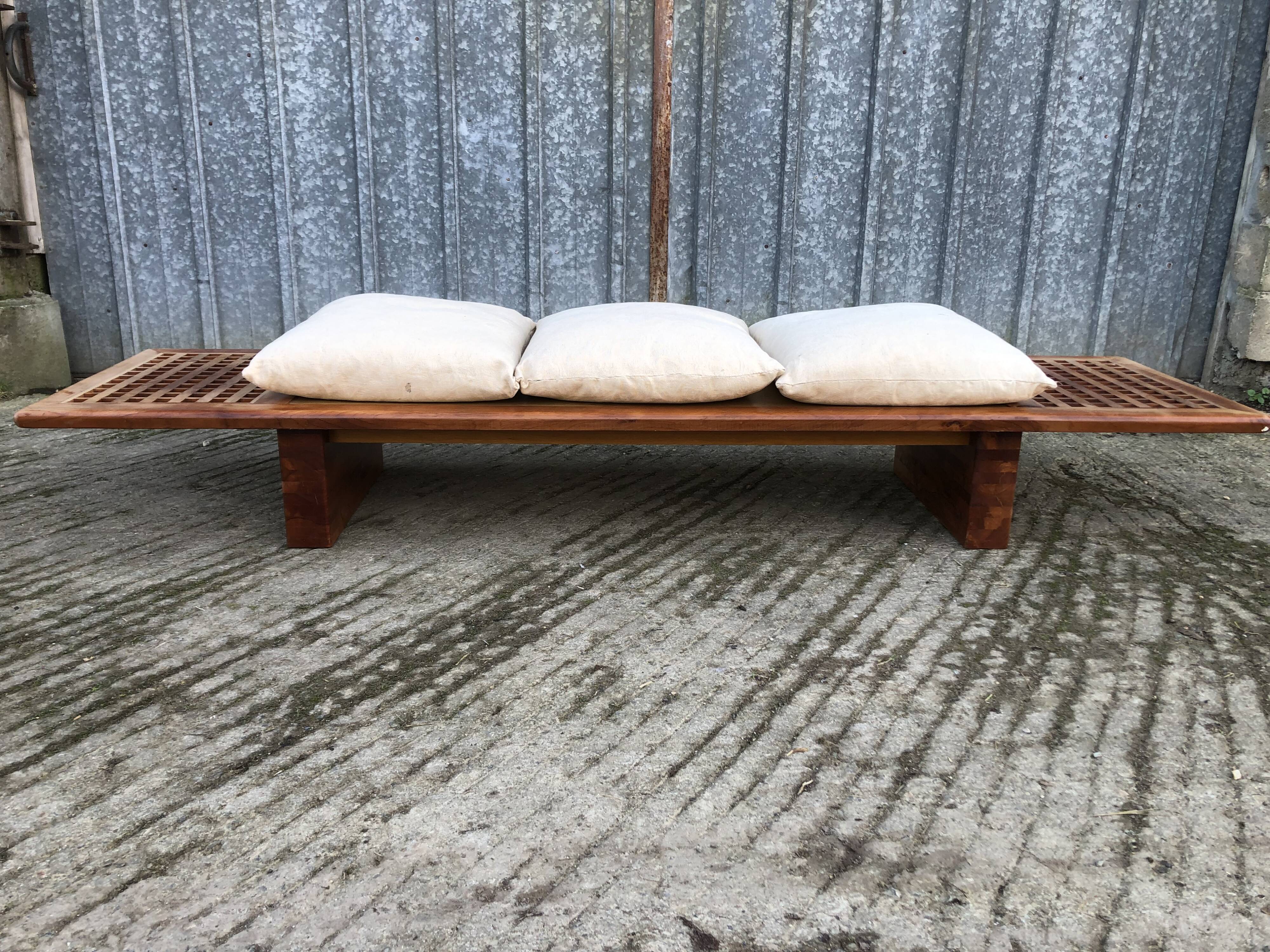 Vintage Yew Wood Bench with 3 Cushions