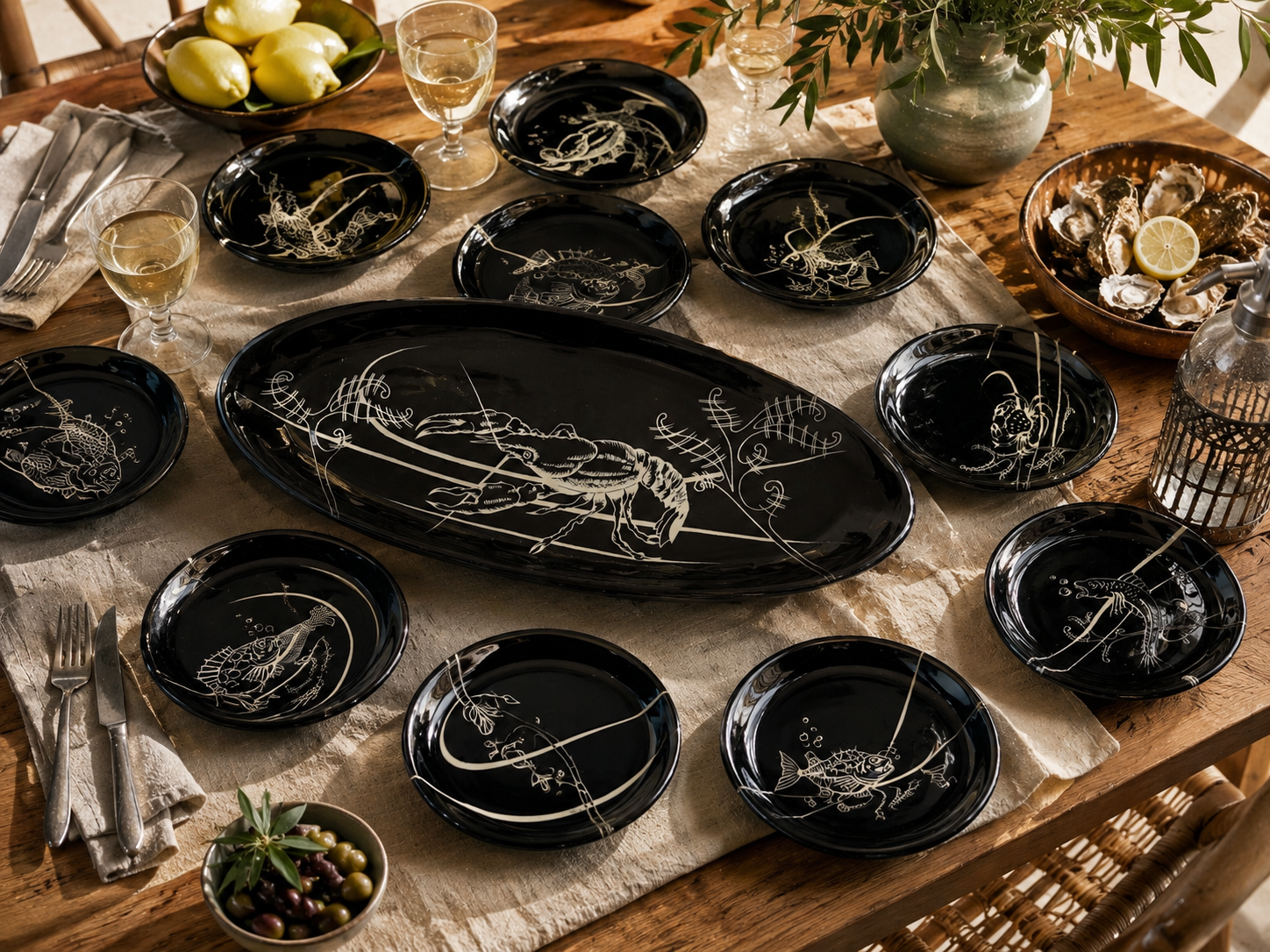 Fish service Vallauris 13 pieces black lacquer fish decor 1950s