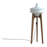 Space Age Floor Lamp, White Glass Lampshade, Wooden Tripod Base, 1960s