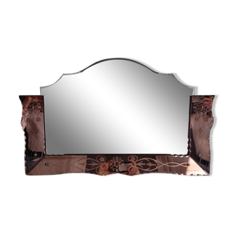 Engraved floral mirror in antique Venetian pink glass 71x47cm