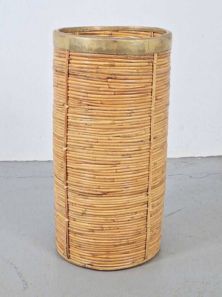 Vintage Bamboo and Brass Umbrella Stand, Italy, 1970s