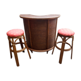 Bar en rotin et deux tabourets