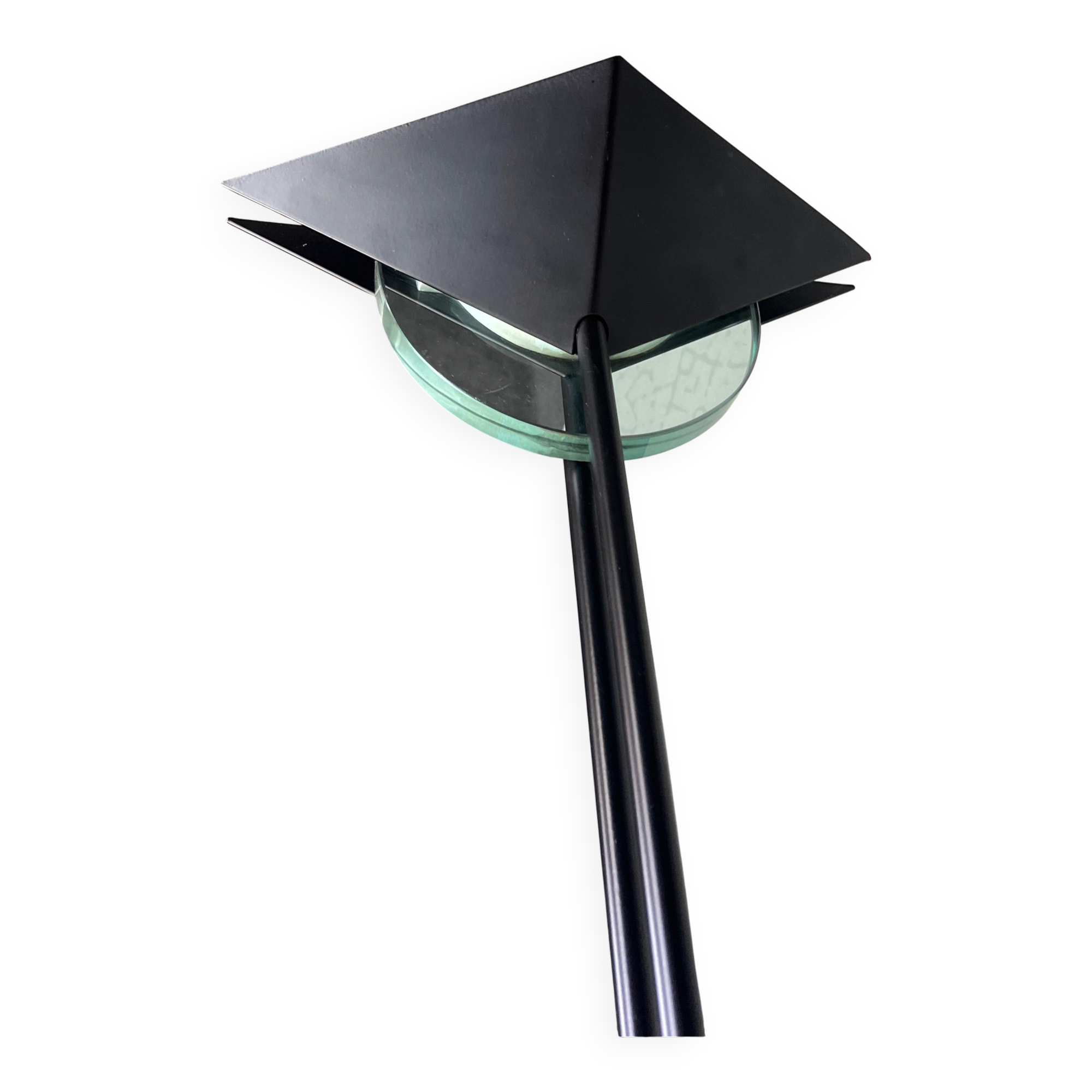 Vintage 1990s Fontana Arte Style Floor Lamp in Black Metal and Light Blue Glass