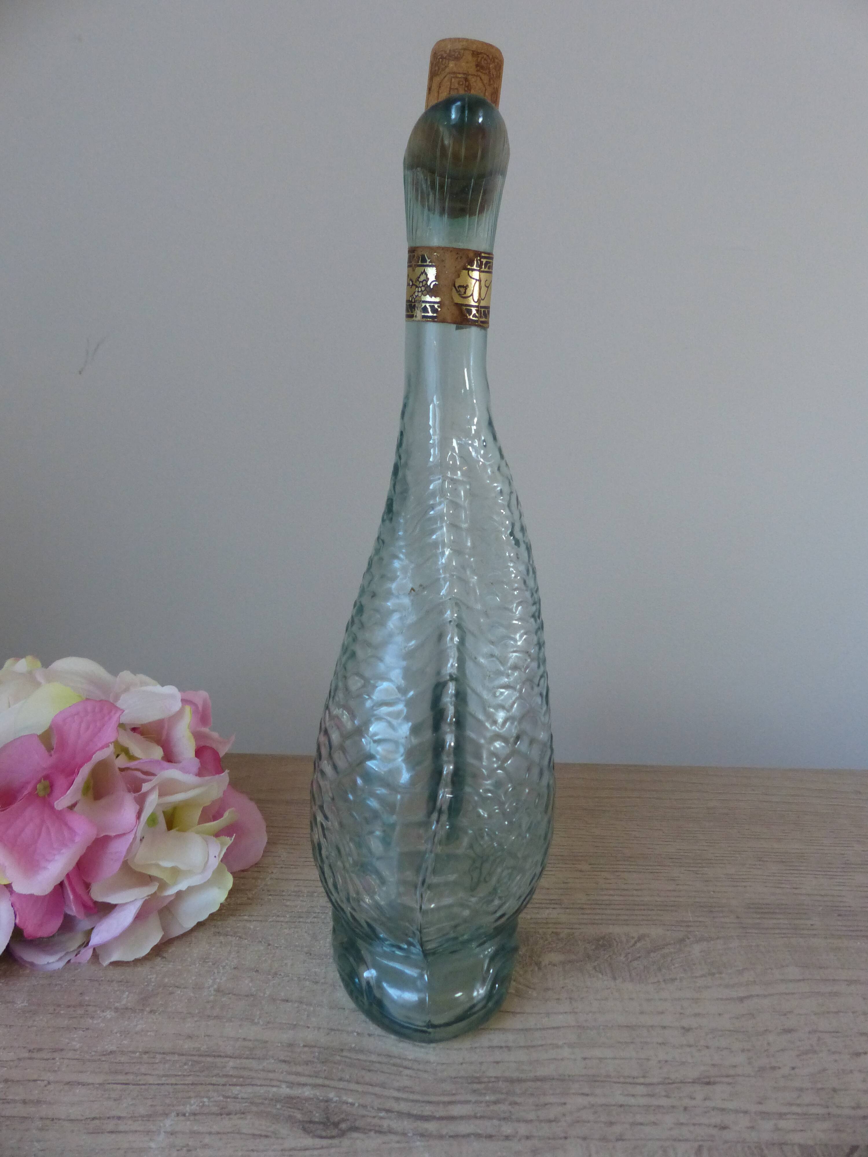 Vintage Italian glass fish bottle 75 cl, seaside decor 1970.
