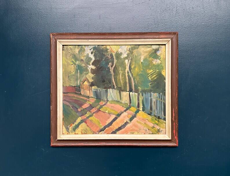 Original Swedish Oil on Panel - "Landscape with Fence" by Bajo - Signed - Vintage and Framed - 58 × 52 cm (22.8" × 20.5")