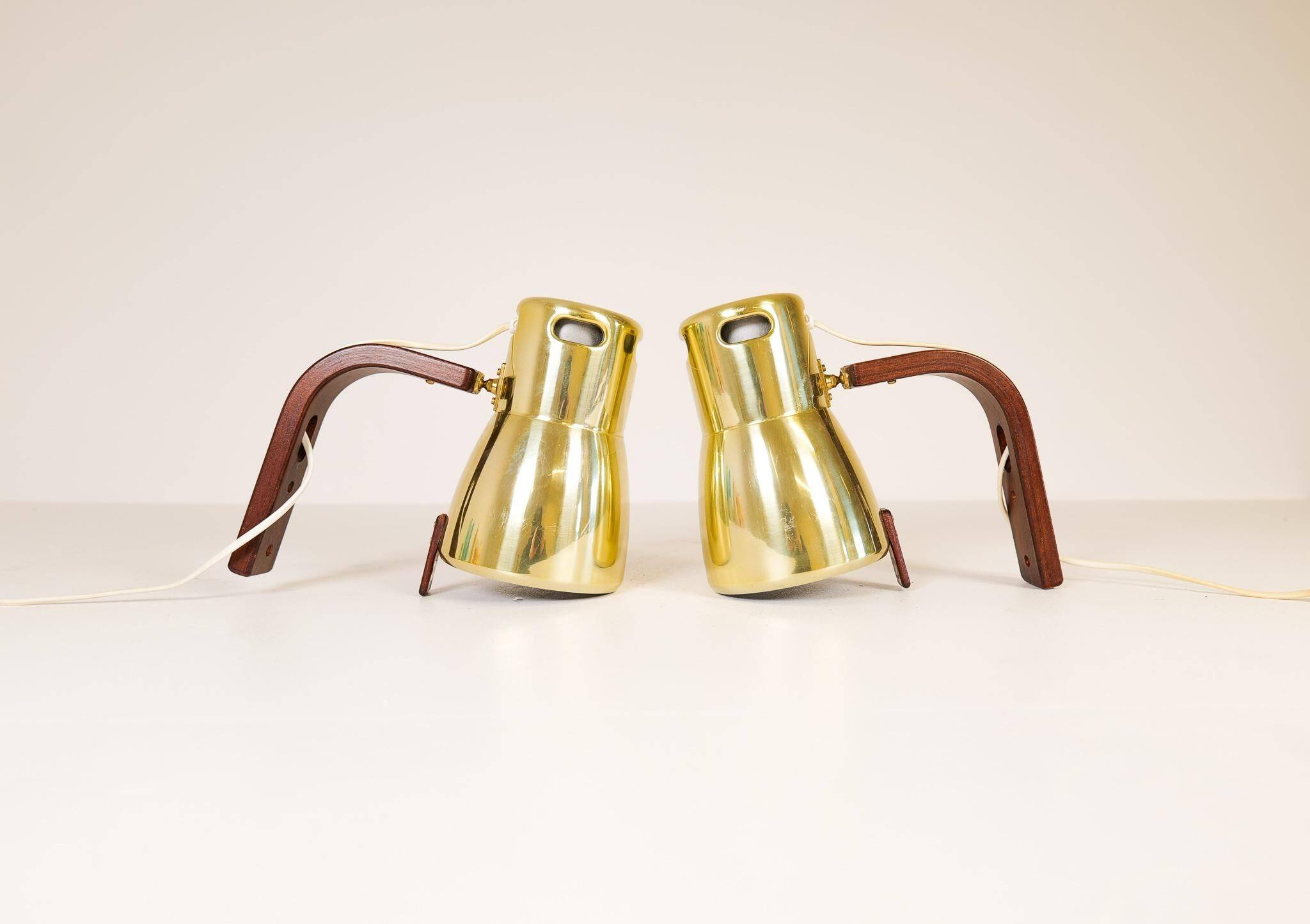 Hans-Agne Jakobsson Wall Lamps in Brass and Stained Wood, Sweden, 1970s
