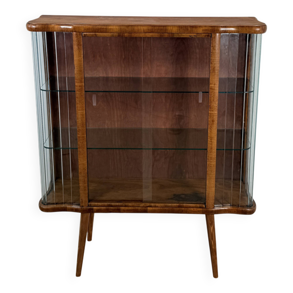 Vitrine vintage avec lattes en verre – Placage noyer chaud - Art Déco