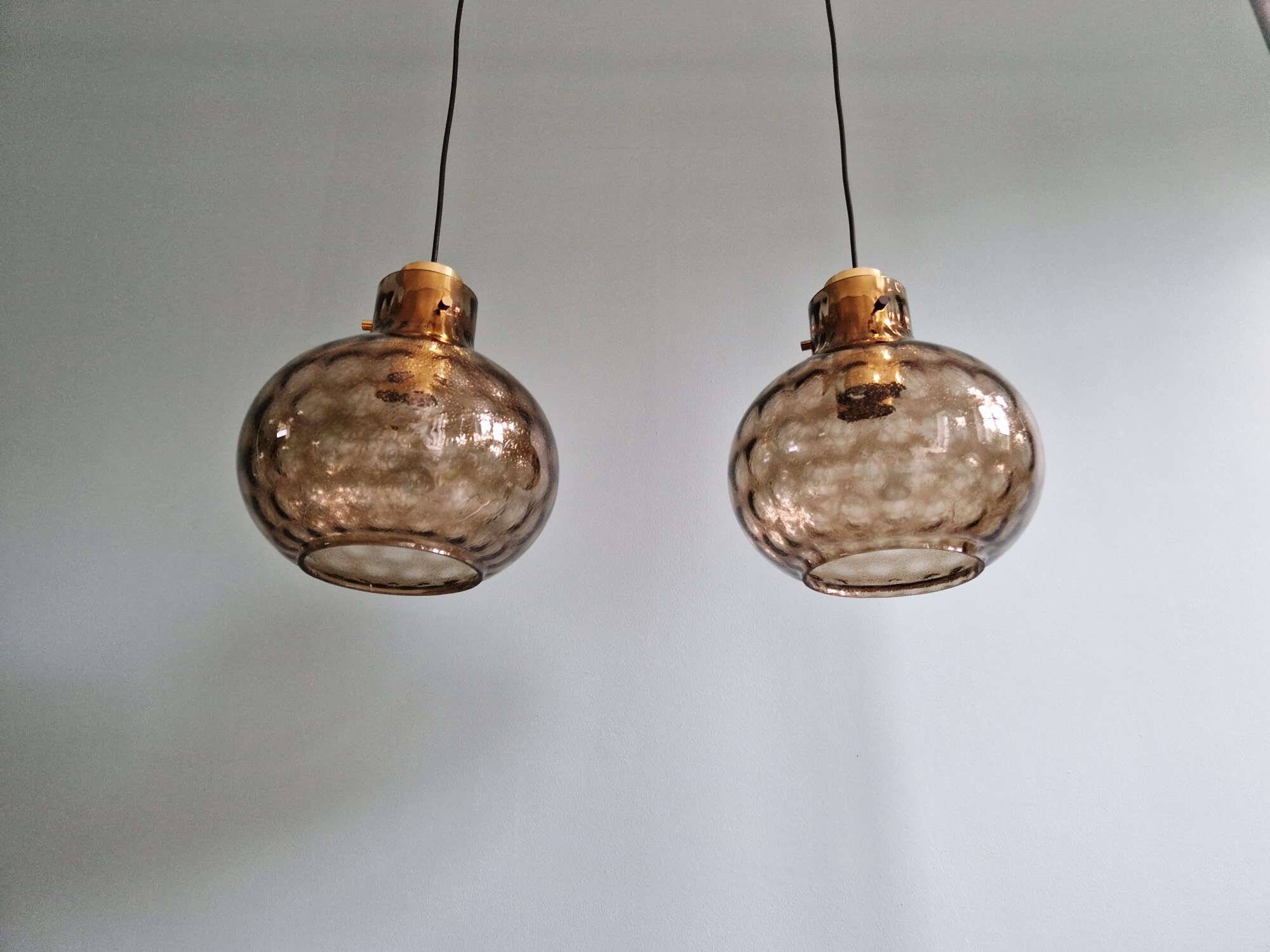 Pair of honeycomb smoked glass pendants, Glasshütte Limburg, 1970