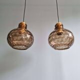 Pair of honeycomb smoked glass pendants, Glasshütte Limburg, 1970