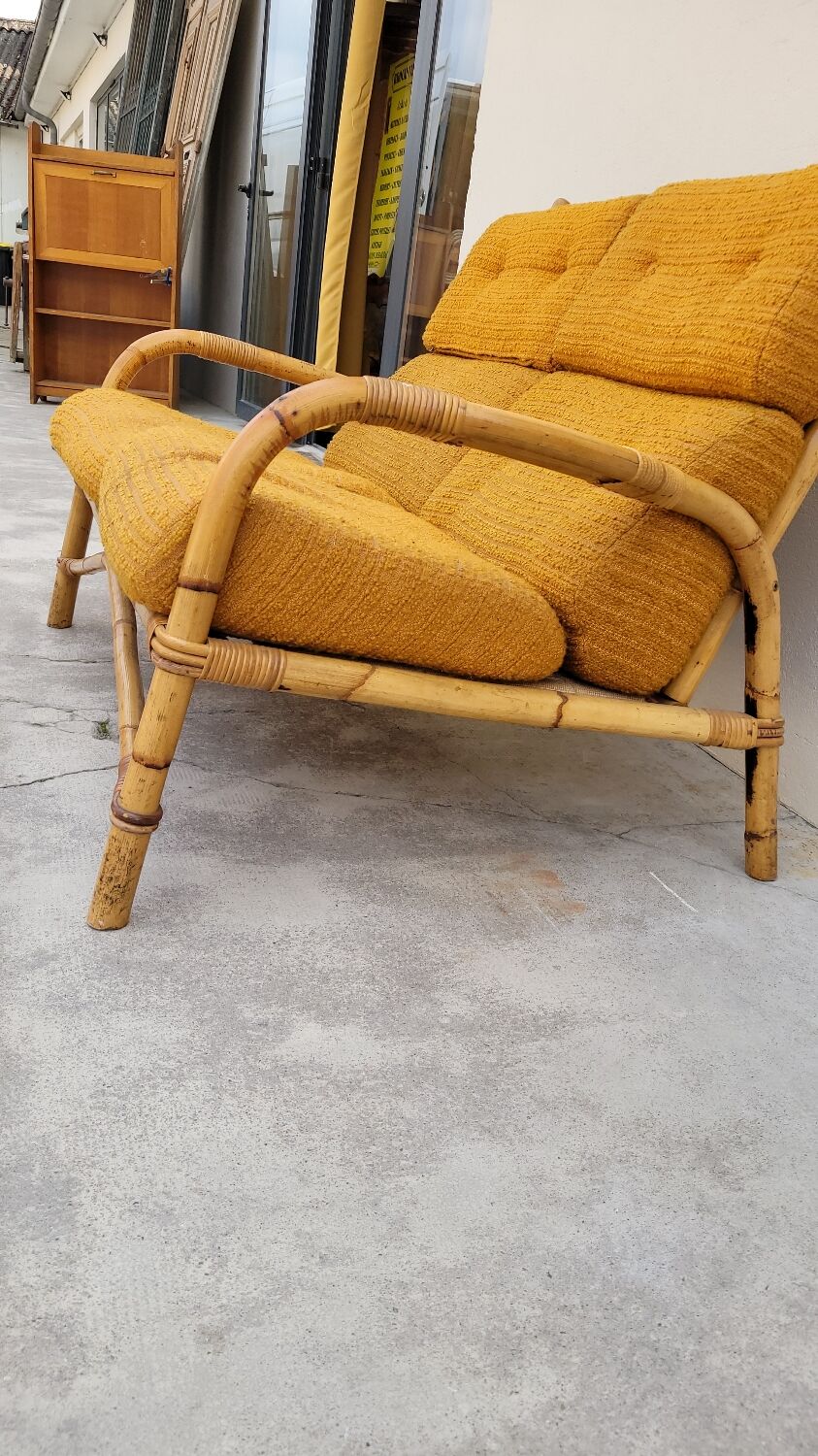 Salon canapé, 2 fauteuils et table basse en rotin vintage fabrication 1950