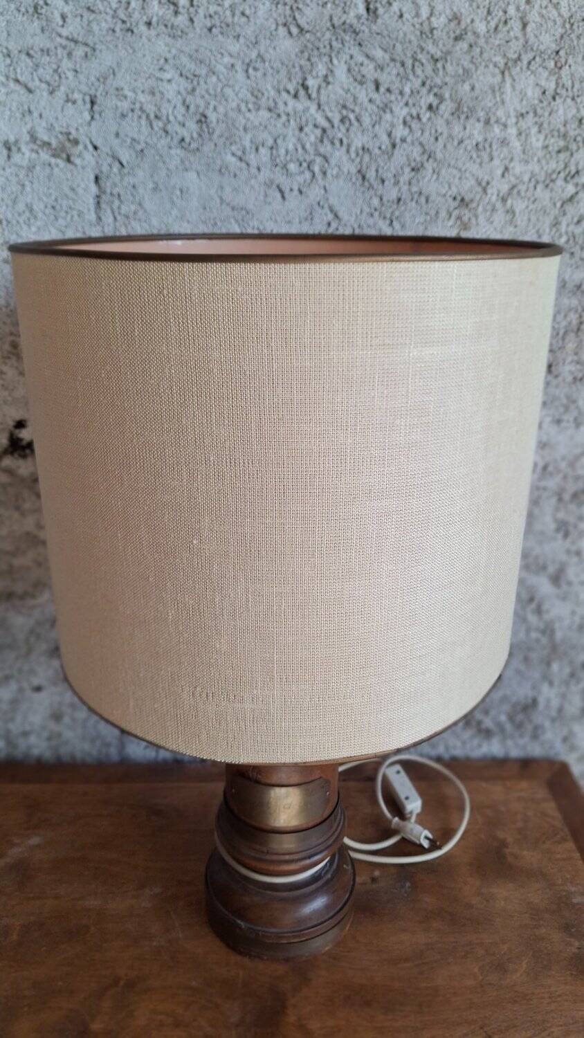 Antique turned wood lamp with engraved brass, Royal Adelaide.