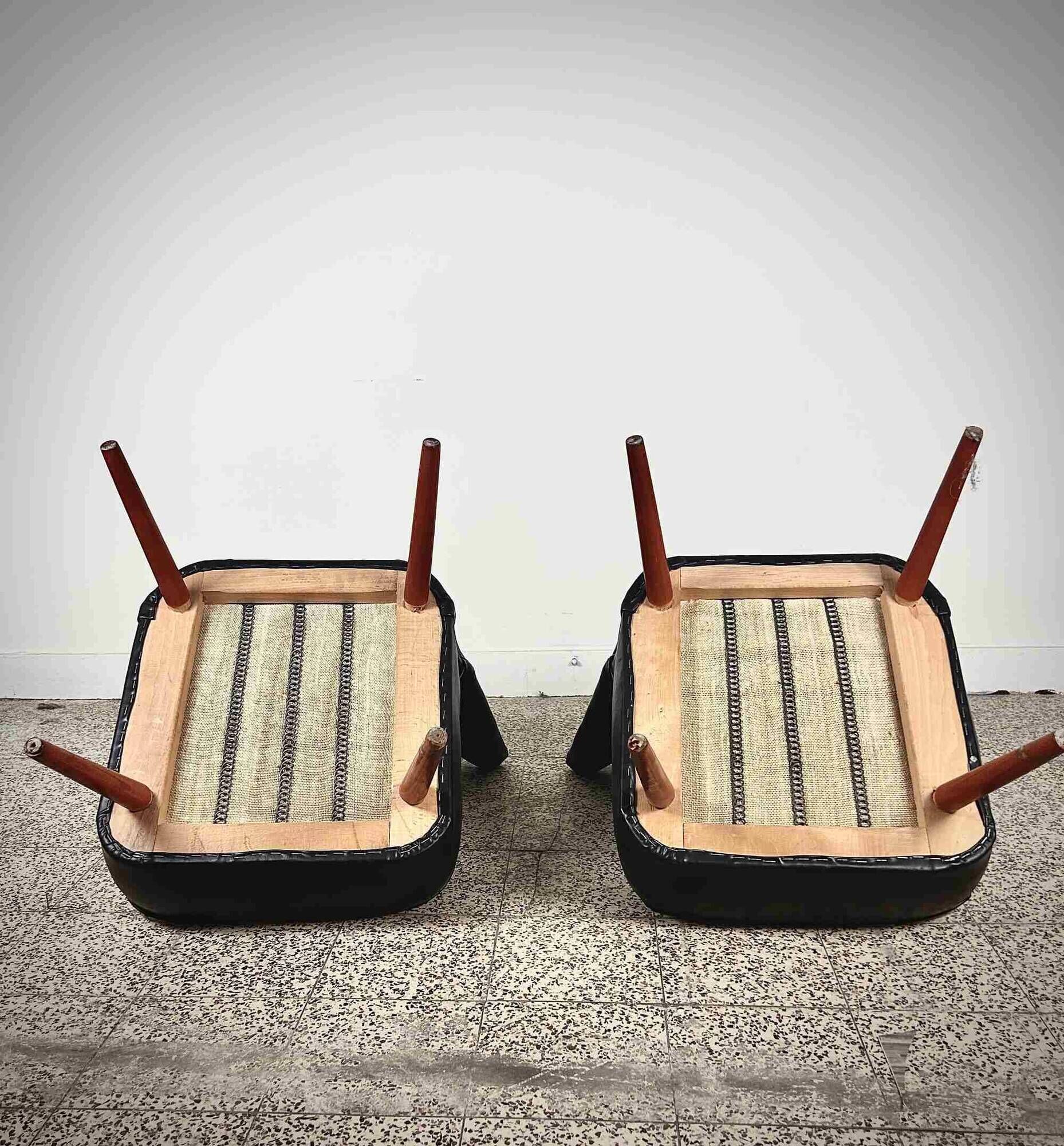 Pair of vintage club armchairs in black leatherette – 1950s