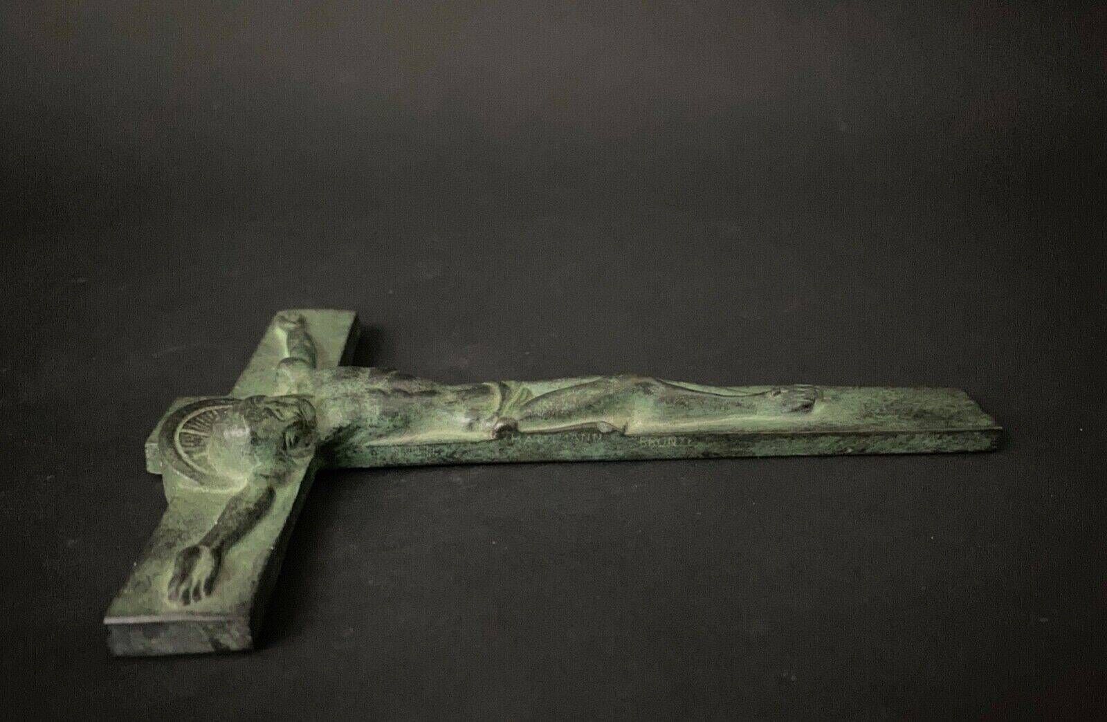 20th century bronze crucifix with green patina in the style of the Haute Epoque