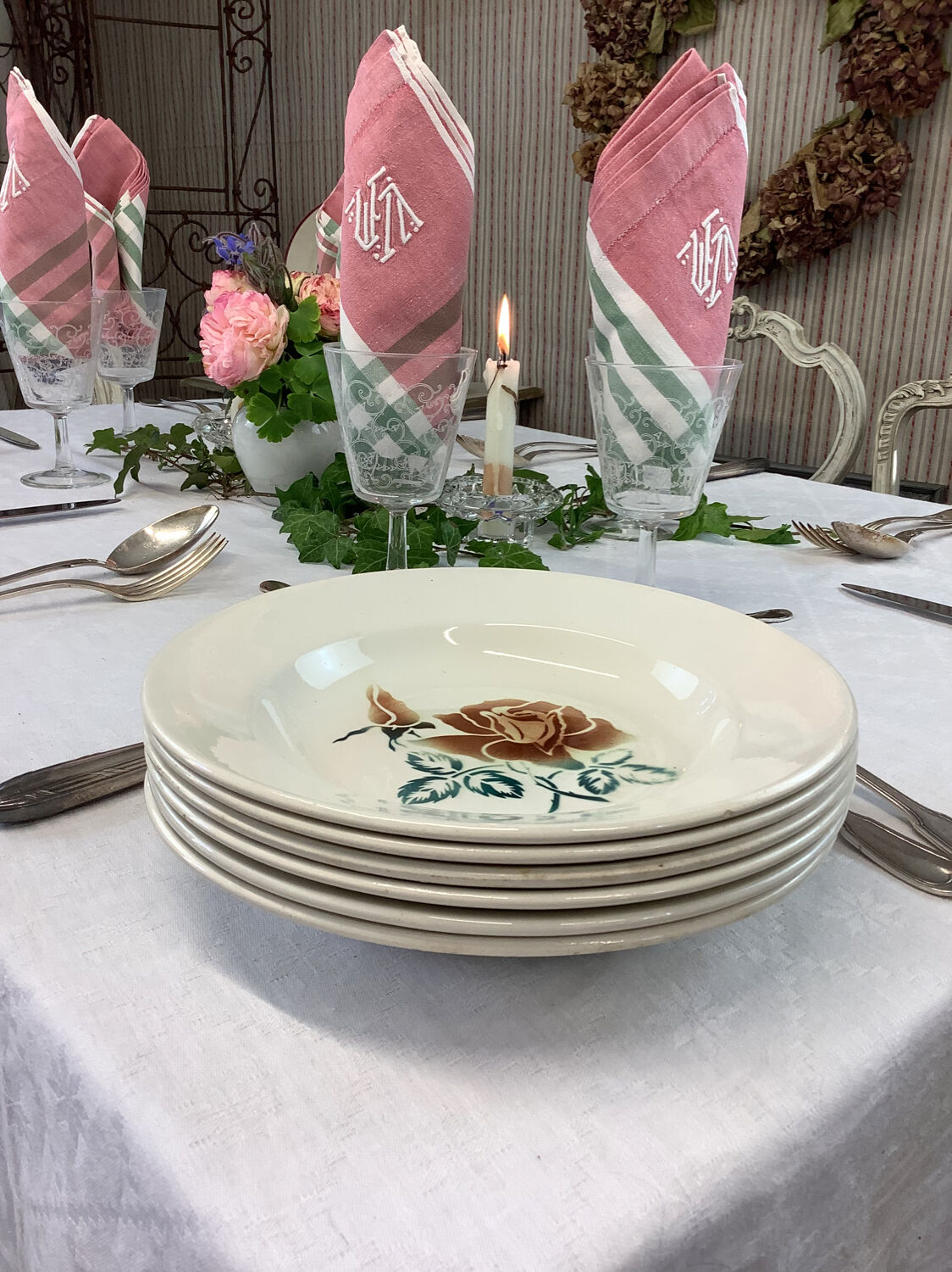 6 old Digoin soup plates