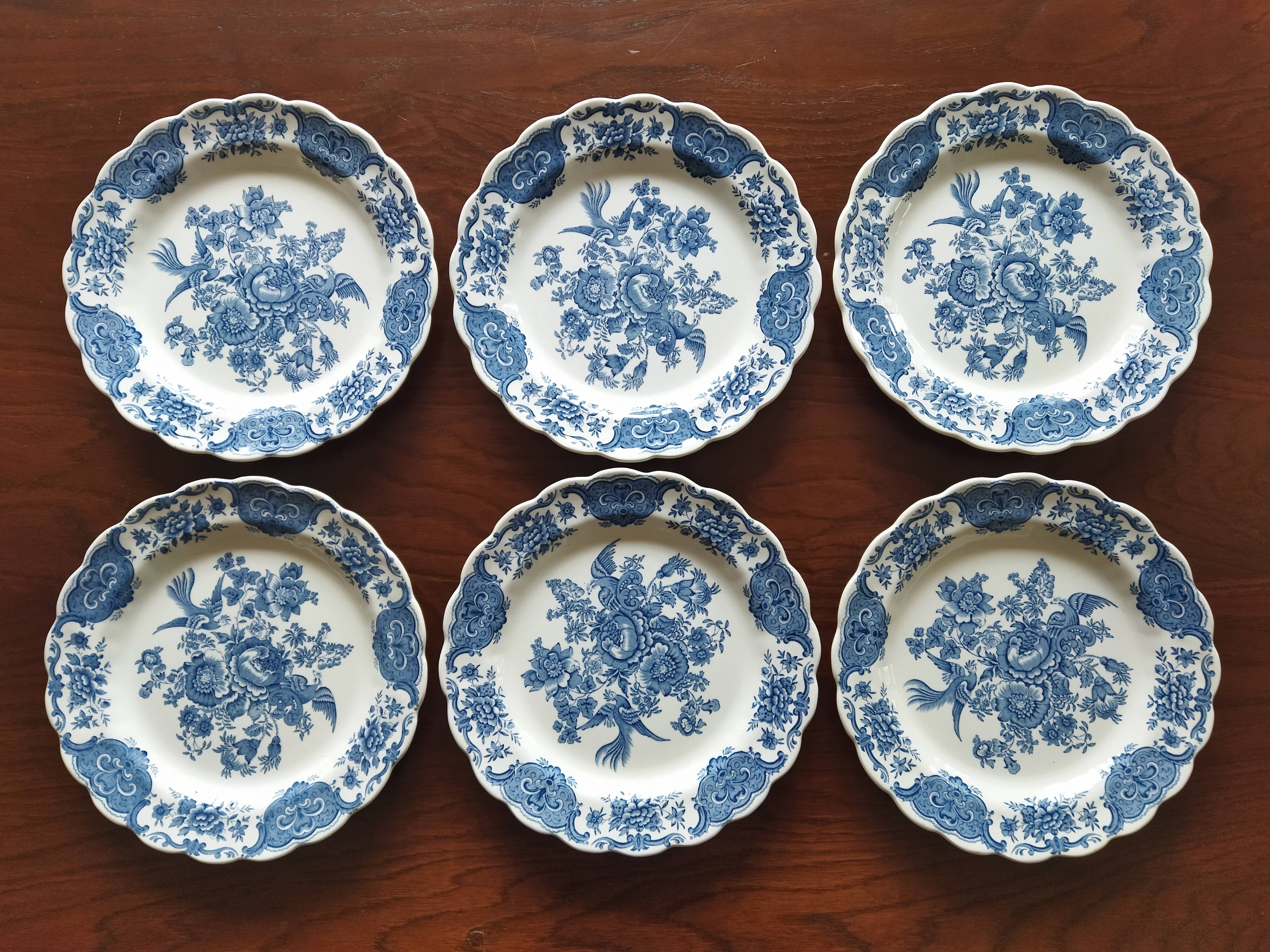12 English dinner plates Ridgway "Windsor" ("Asiatic Pheasants") blue & white