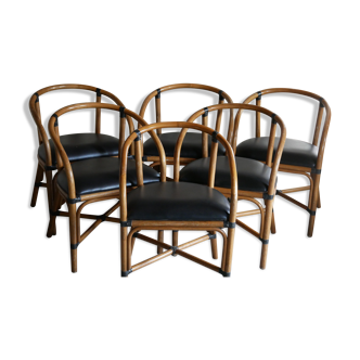 Lot de 6 fauteuils en rotin assise simili cuir