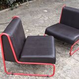 Pair of vintage drivers in red steel and skaï, France 1970