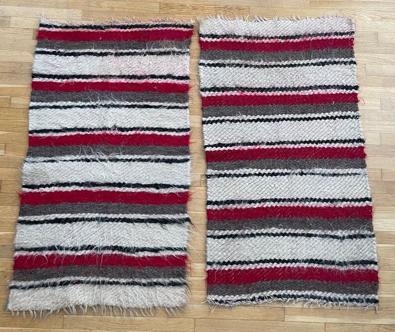 Set of two Romanian wool fluffy rugs with stripes made by hand