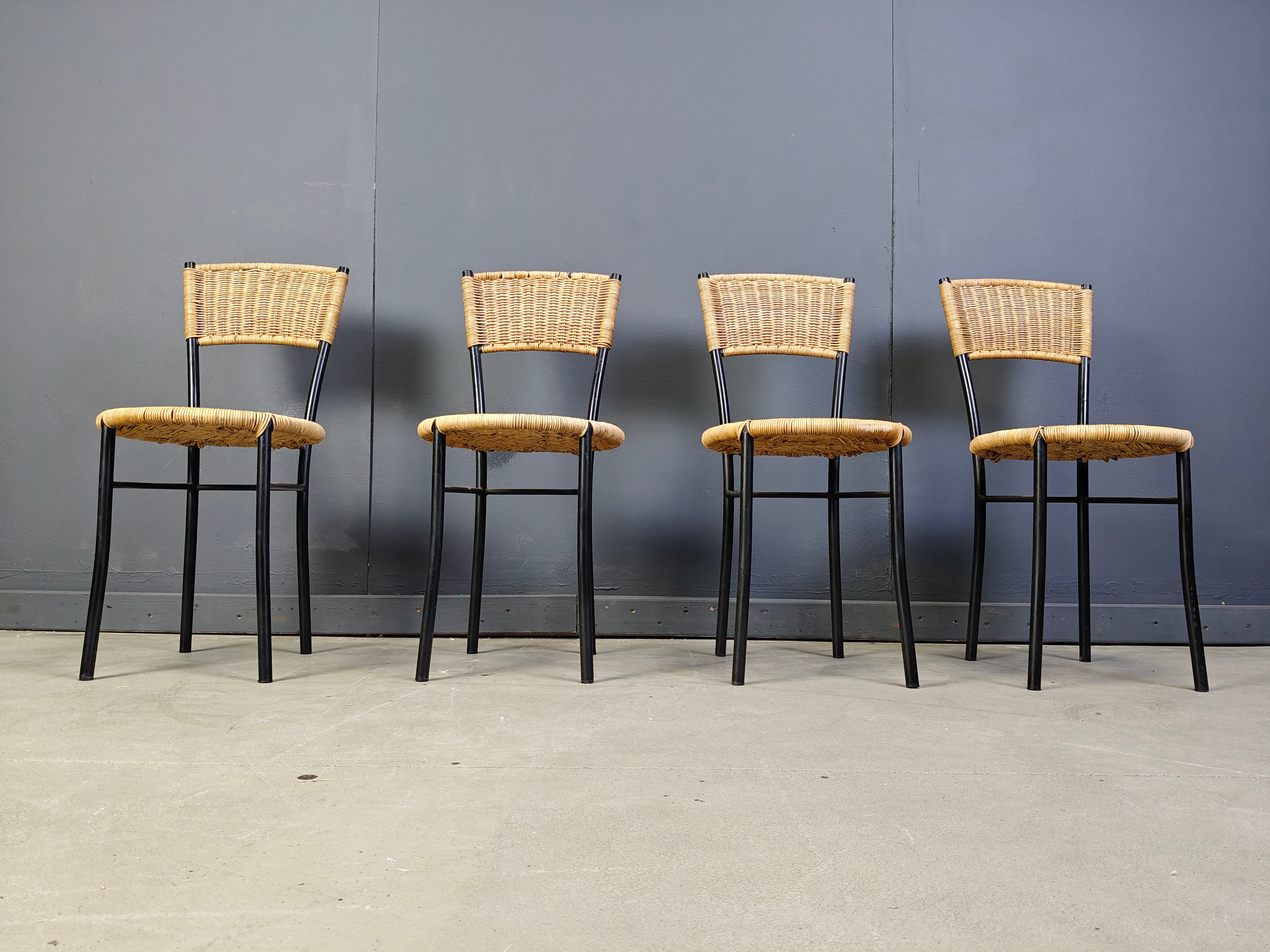 Wicker and metal dining chairs, 1980s - set of 4
