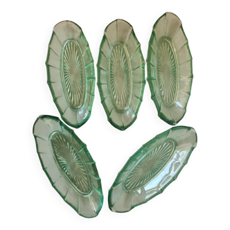 Set of 5 small pressed green glass dishes - Art Deco style / Wine
