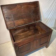 Rustic antique oak chest, original fittings and moulded panels.