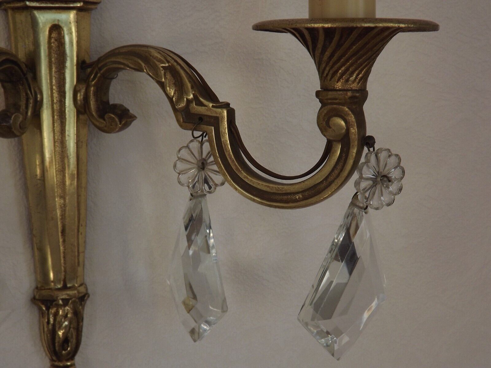 French Pair of Double Empire Brass Wall Sconces with Diamond Crystal Drops