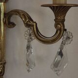 Paire française d'appliques murales double empire laiton avec gouttes de cristal diamant