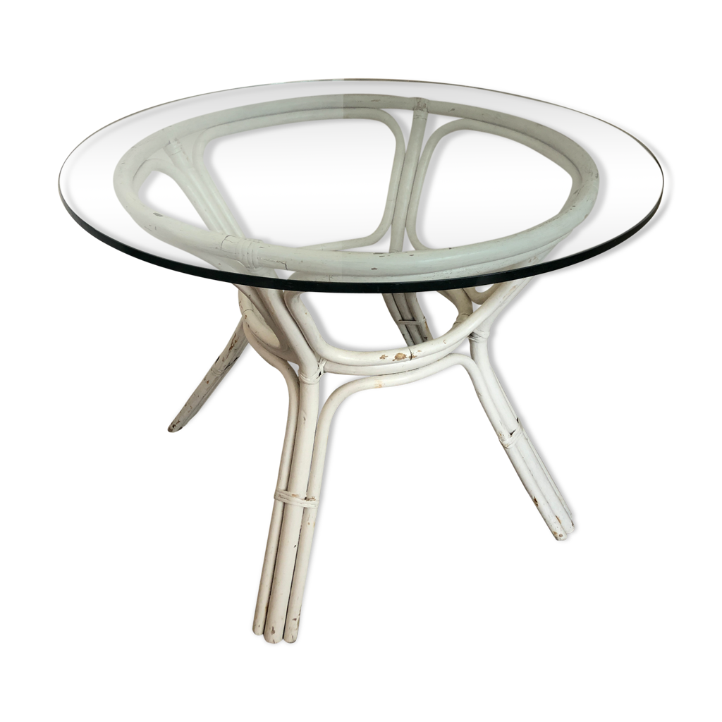 Table ronde verre rotin blanc | Selency