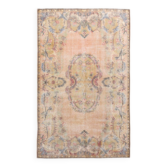 Tapis vintage turc fait à la main, 6x9, marron, beige, floral, fait à la main